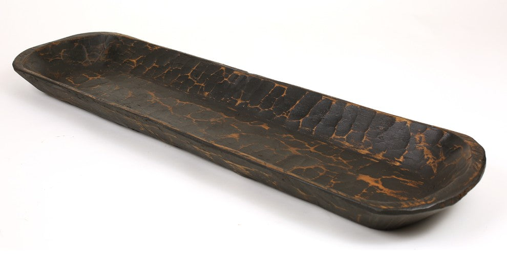 Extra Long Rustic Farmhouse Primitive Wooden Dough Bowl, Black, Long