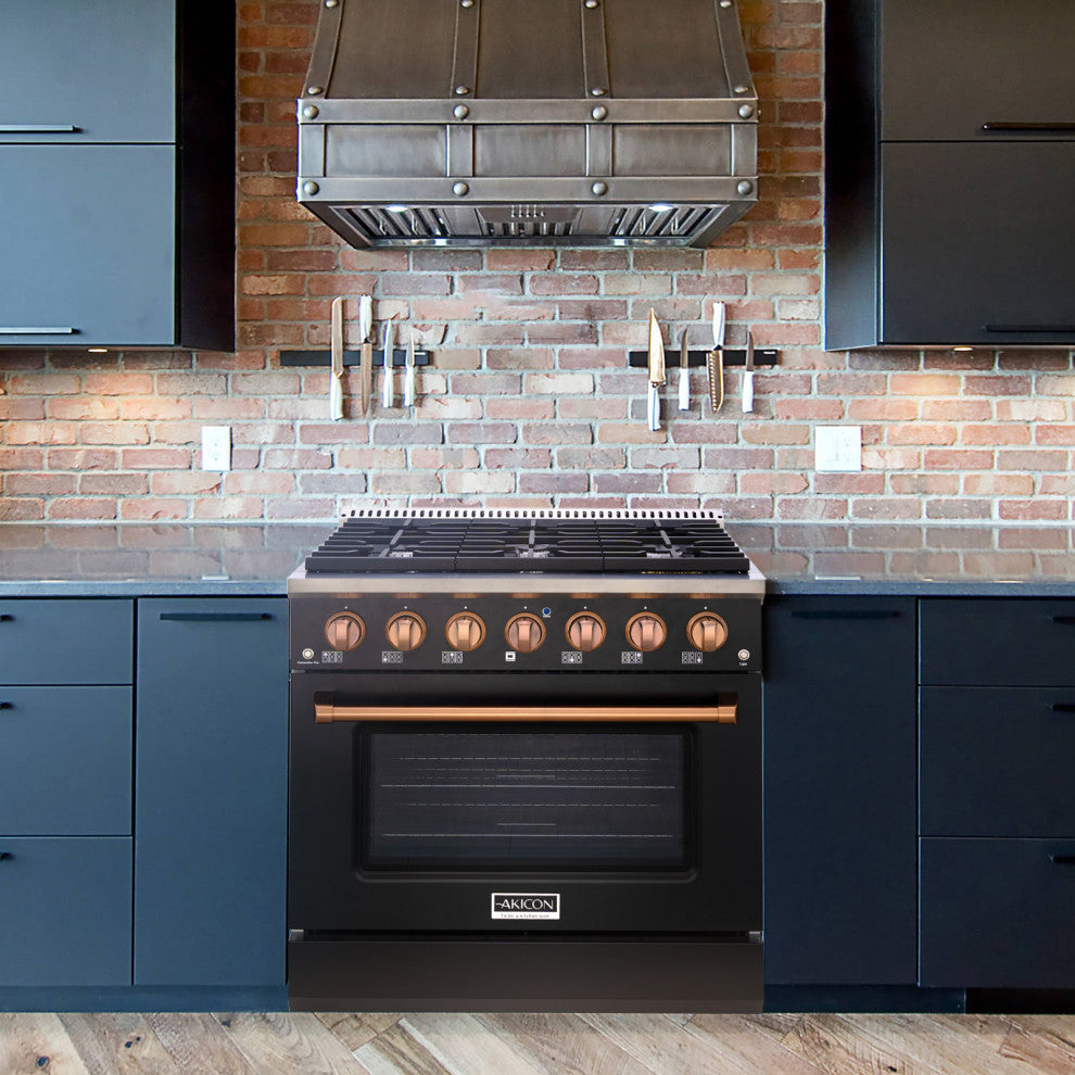 36" Slide-in Freestanding Gas Range & 5.2 Cu. Ft. Oven, 6 Burners. Matte Black, Matte Black & Copper