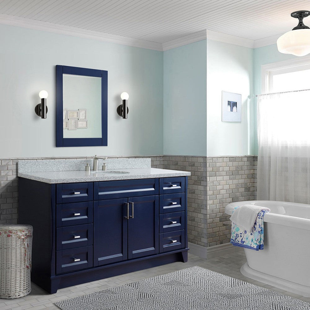 61" Single Sink Vanity, Blue Finish And Gray Granite And Oval Sink