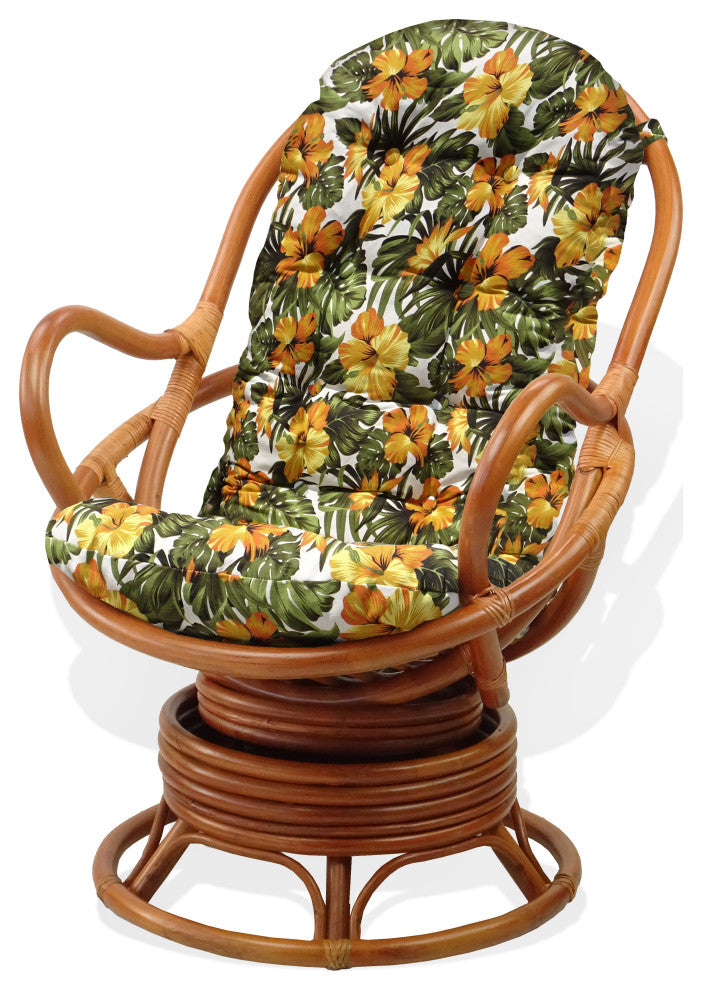 Java Lounge Swivel Rocking Rattan Wicker Chair Colonial, Floral Cushion