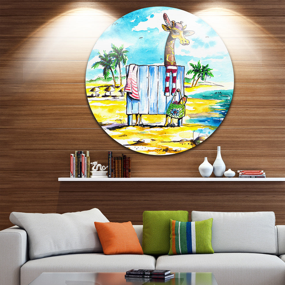 Giraffe In Dressing Room On Beach, Cartoon Animal Disc Artwork, 23"