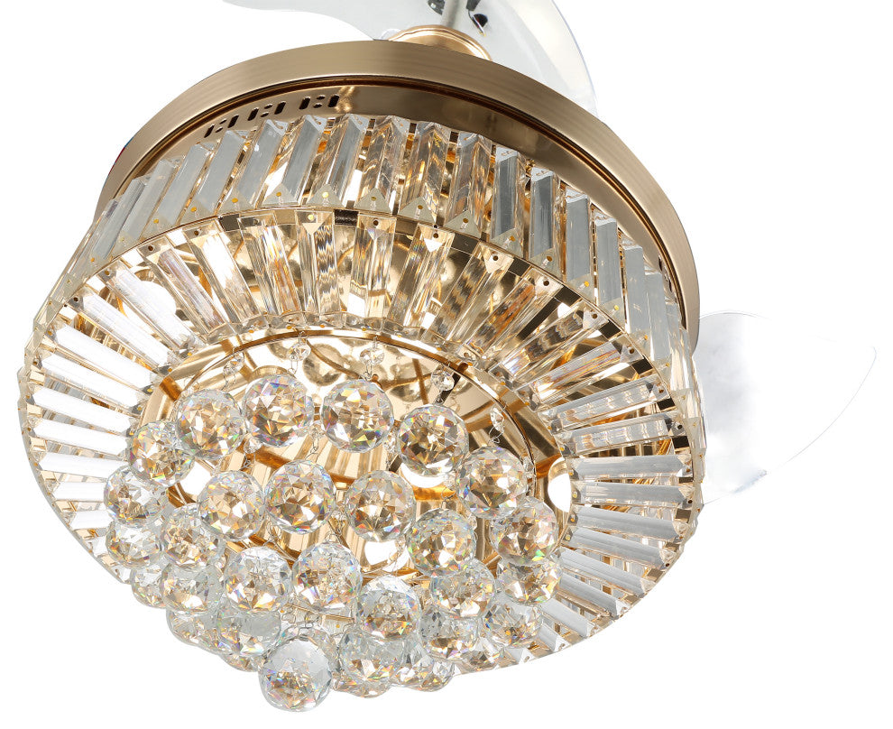 Unique Caged Ceiling Fan with Remote, LED light, Retractable Blades, French Gold