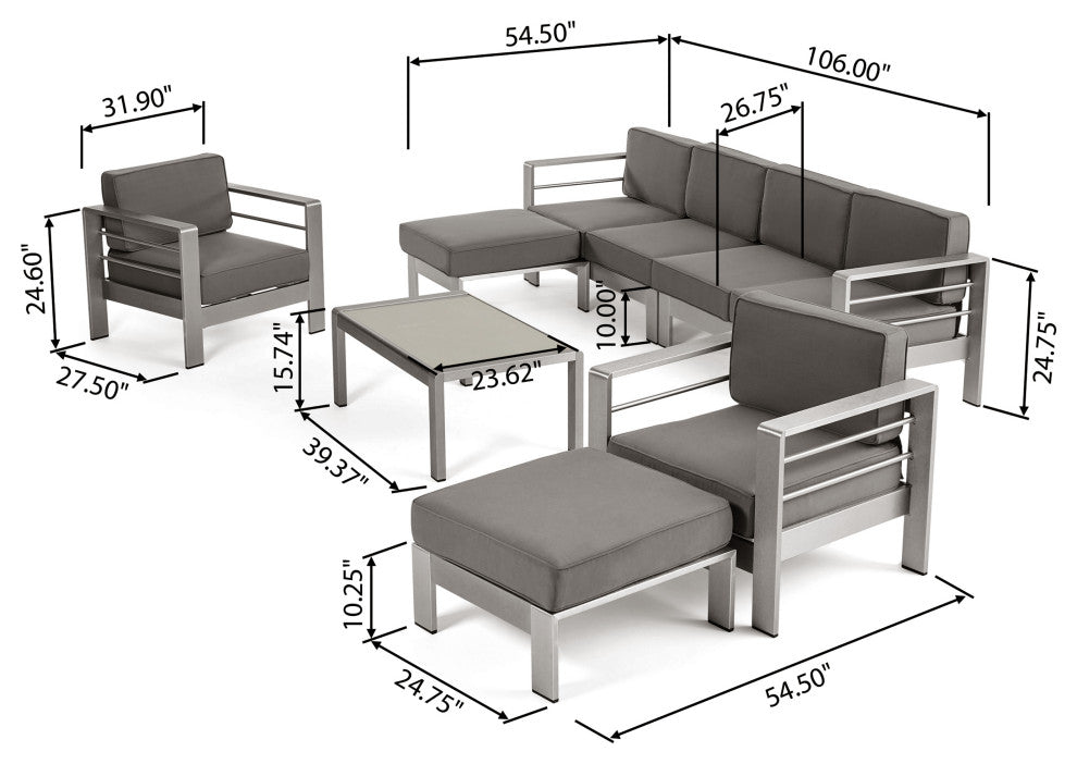 GDF Studio Emily Coral Outdoor Sectional Set With Ottomans and Coffee Table