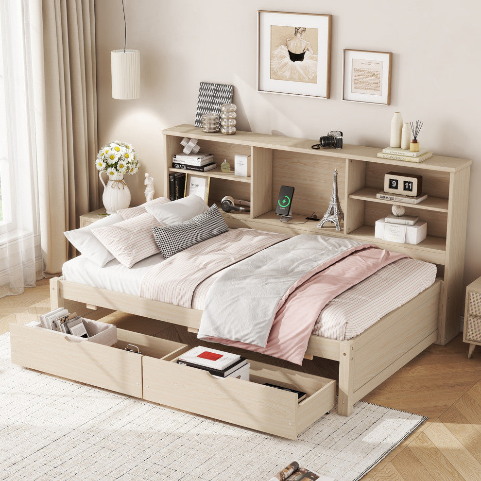 Gewnee Twin Size Bed Frame With Side Bookshelves