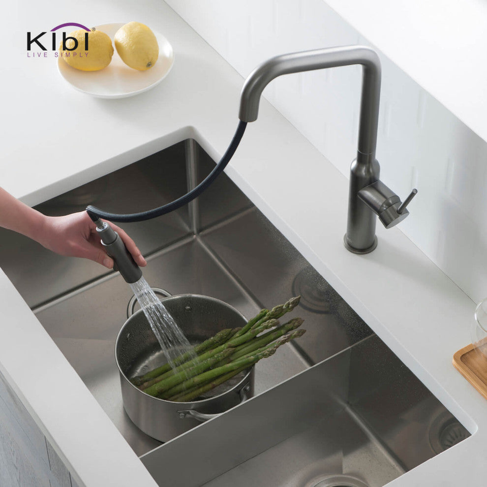 KIBI Hilo Single Handle Pull Down Kitchen Faucet, Titanium, W/ Soap Dispenser