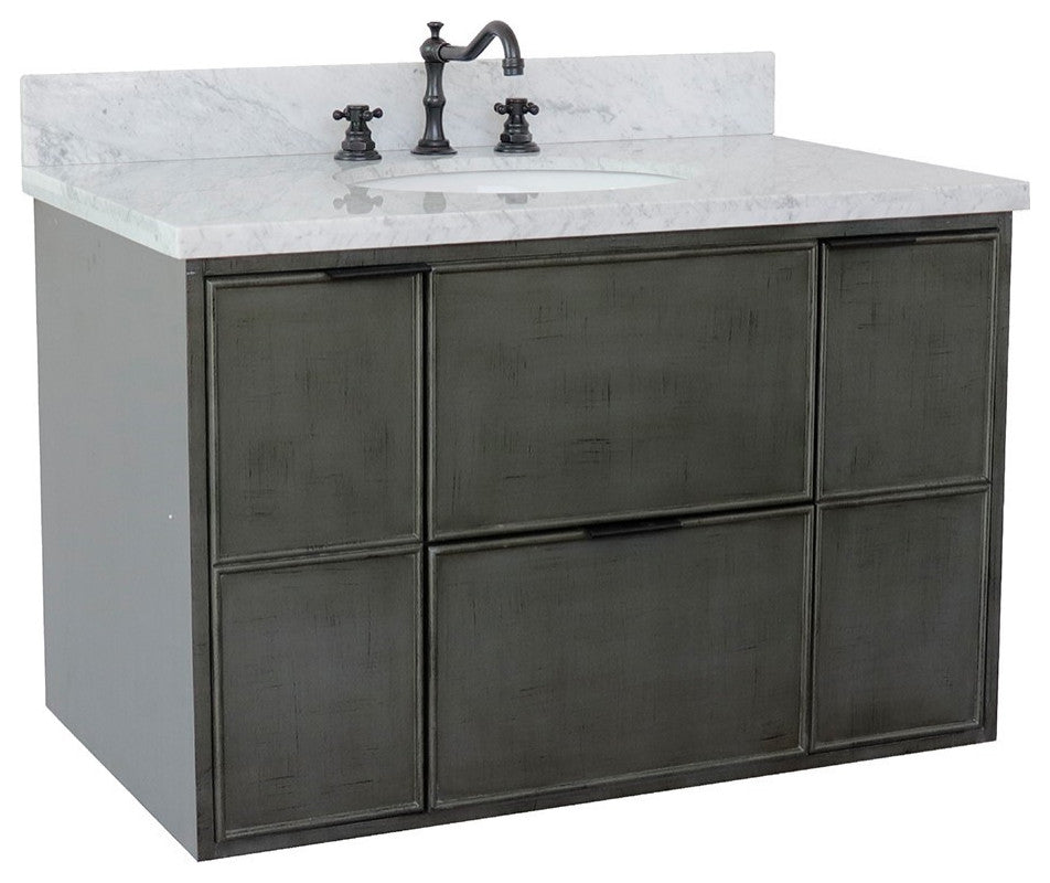 37" Single Wall Mount Vanity, Linen Gray Finish With White Carrara Top