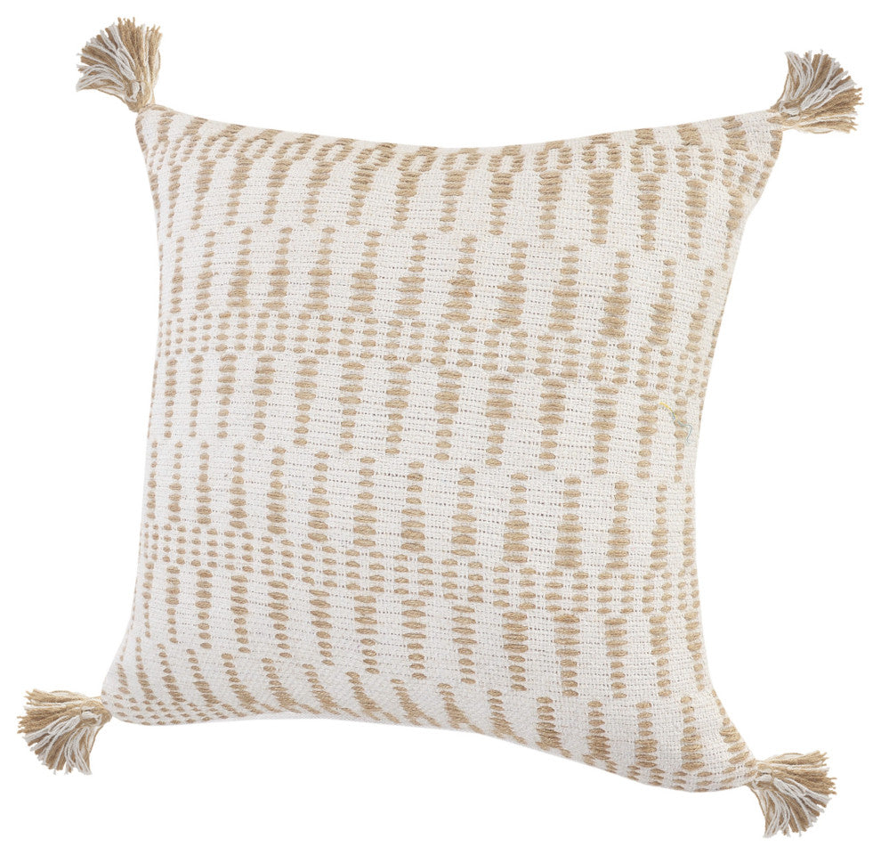 Ivory and Jute Geometric and Tasseled Throw Pillow
