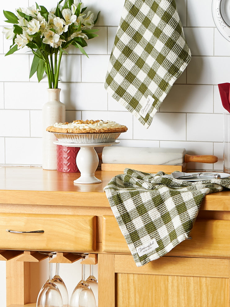 Olive Checker Washed Waffle Dishtowel (Set of 2)