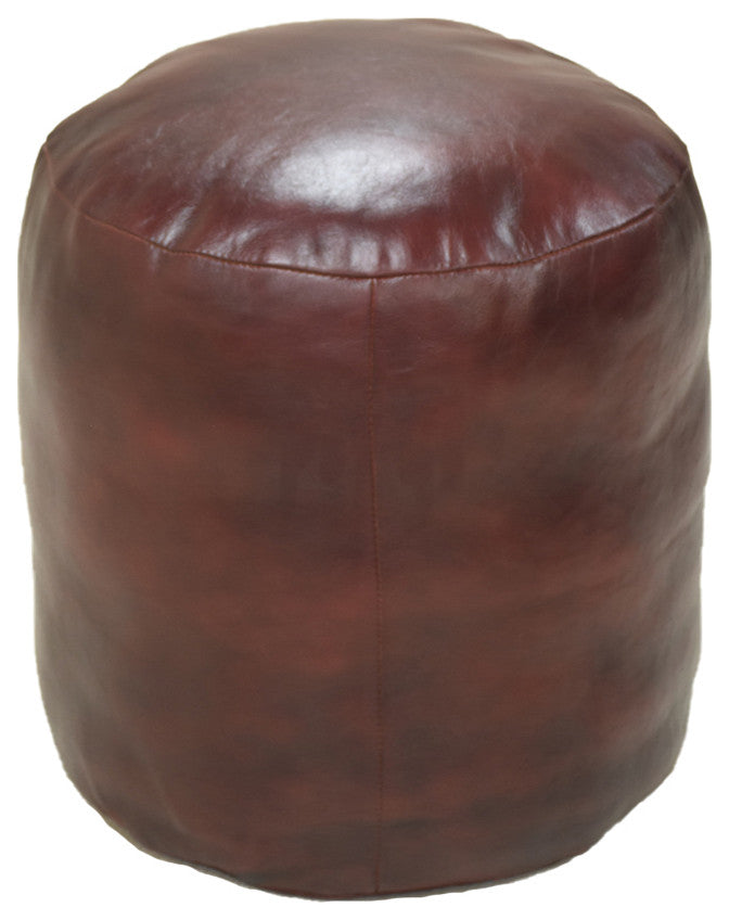 Pouf-Solid Handmade Leather Pouf (Recycled Foam with Fiber Fill), Cherry, [Round} 18x18x18