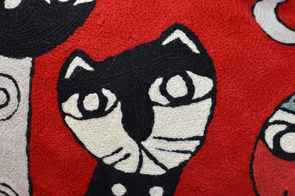 Lumbar Red Pillow Cover Cat Picasso Four Kitties Pillowcase Handmade Wool 14x20