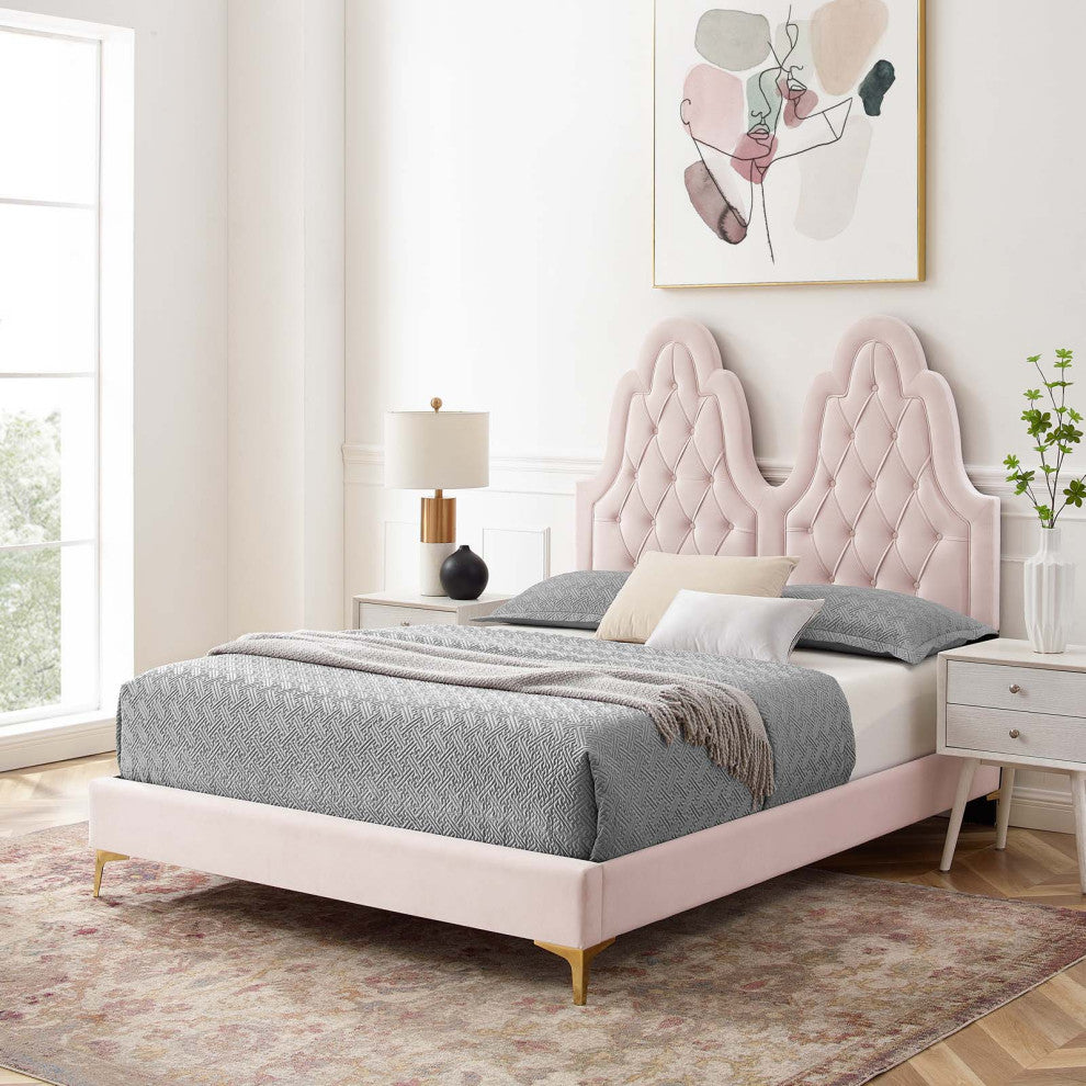 Tufted Platform Bed Frame, Twin Size, Velvet, Pink, Modern Contemporary, Bedroom