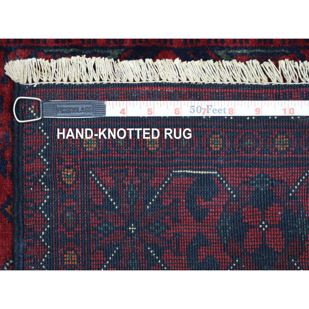 Deep and Saturated Red, Hand Knotted Afghan Khamyab Pure Wool Rug, 2'8"x12'6"