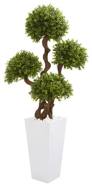 55" Four Ball Boxwood Artificial Topiary Tree in Tall White Planter