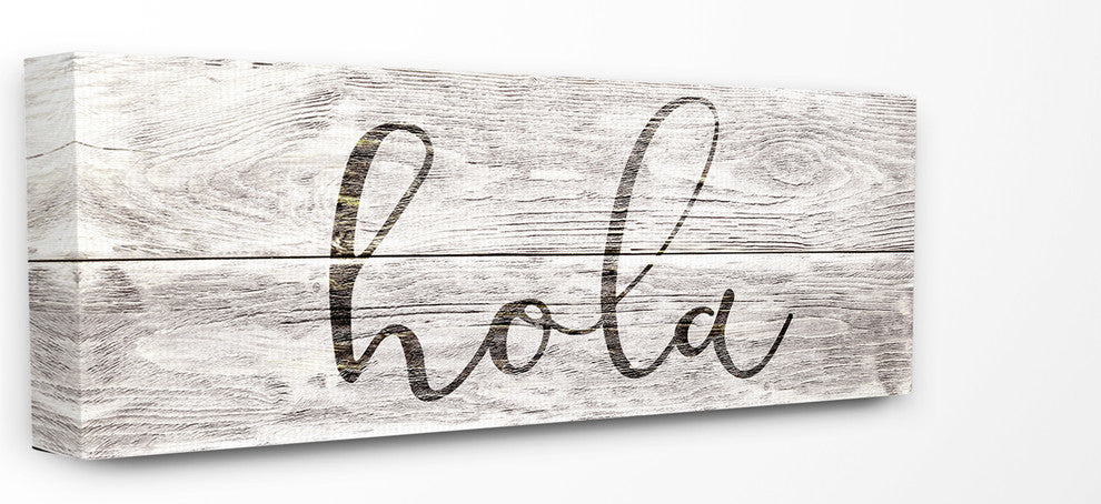 Rustic Grey and White Hola Planked Look Typography Stretched Canvas, 13"x30"