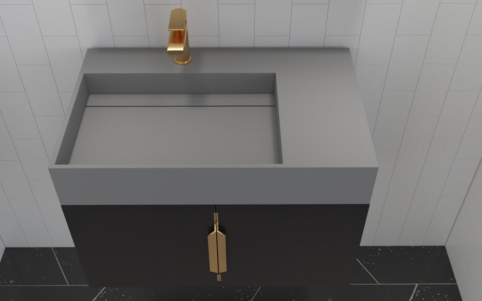 CastelloUSA Amazon 30" Left Wall Mounted Bathroom Vanity Set, Black, Gray Top, Gold Handles