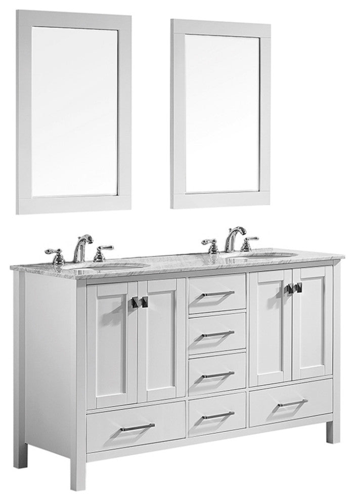 Gela 60" Double Vanity in White with Carrara White Marble Countertop With Mirror