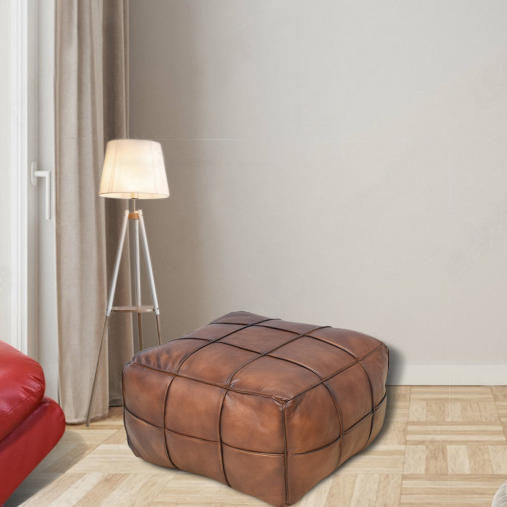 Pouf-Solid Handmade Leather Pouf (Recycled Foam with Fiber Fill), Brown, Square, 21x21x12