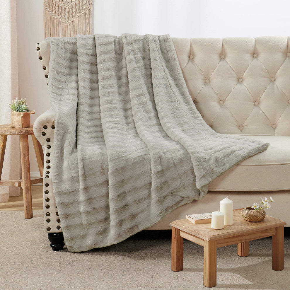 Derby Double Sided Faux Fur Throw Blanket, Charcoal Gray