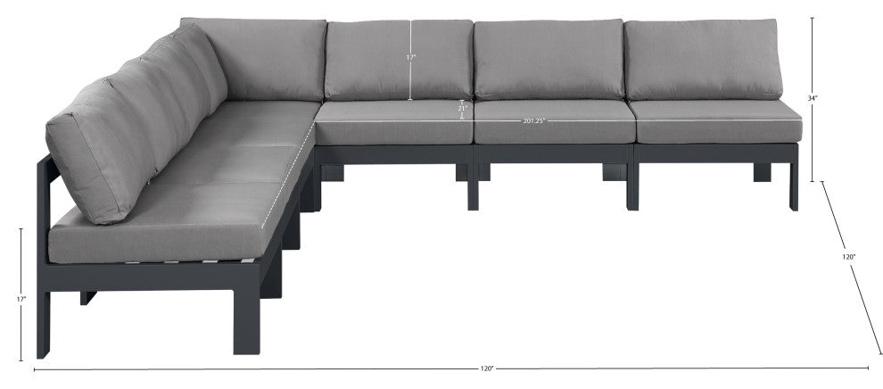 Nizuc Water Resistant Patio L-Shaped Modular Sectional, Gray, 7-Piece: 6 Armless Chair, 1 Corner Chair, Dark Gray Aluminum Frame