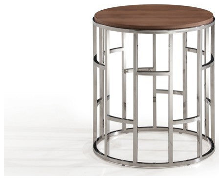 Stylish Silver And Walnut Round Geometric End or Side Table