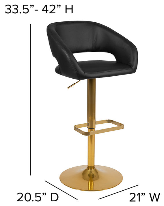 Black Vinyl Adjustable Barstool with Rounded Mid-Back and Gold Base
