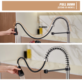 Single Handle Kitchen Sink Faucet Pull-Down Sprayer, 360 Swivel, 3 Functions, Matte Black+brushed Nickel