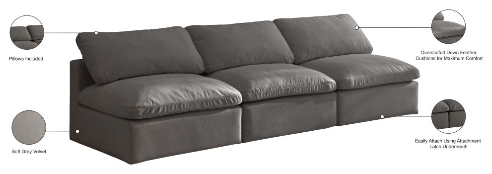 Plush Velvet / Down Standard Comfort Modular Sofa, Gray, 3-Piece: 3 Armless Chair