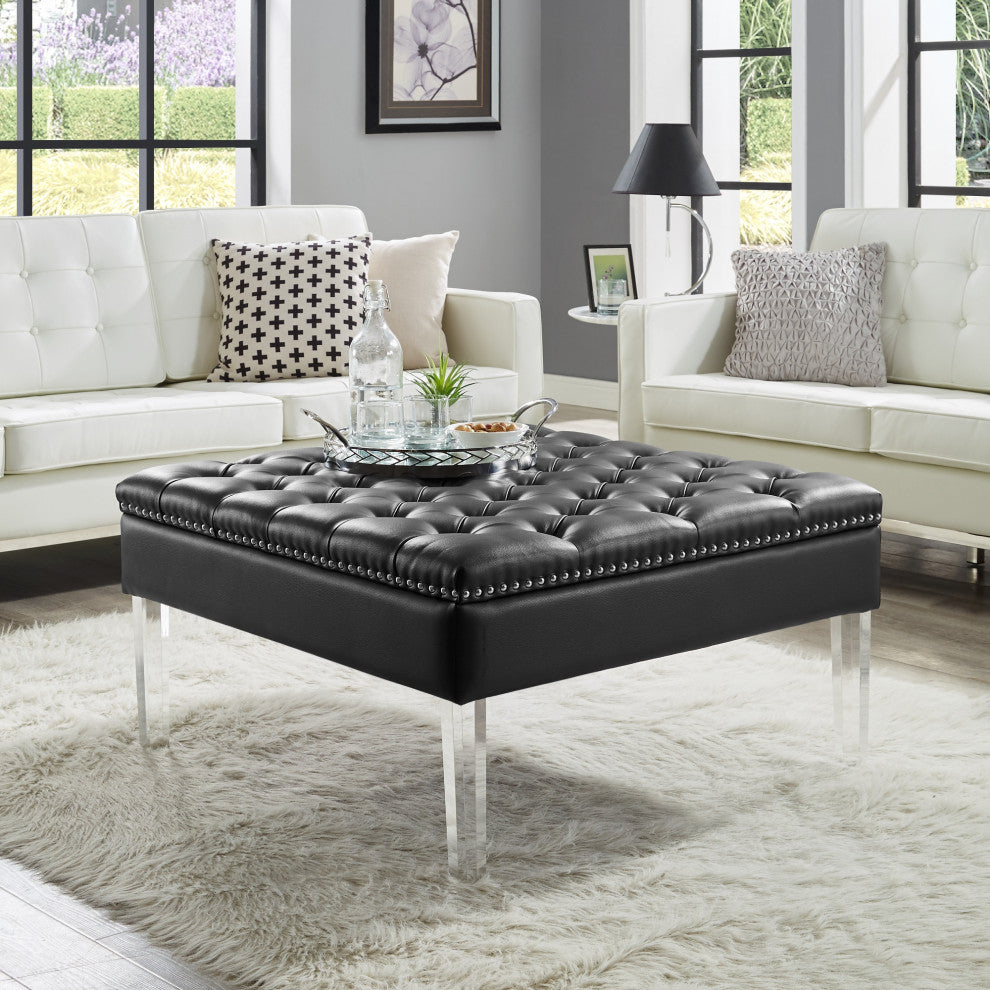 Fernanda PU Leather Tufted with Nailhead Trim  Acrylic Legs Ottoman, Black