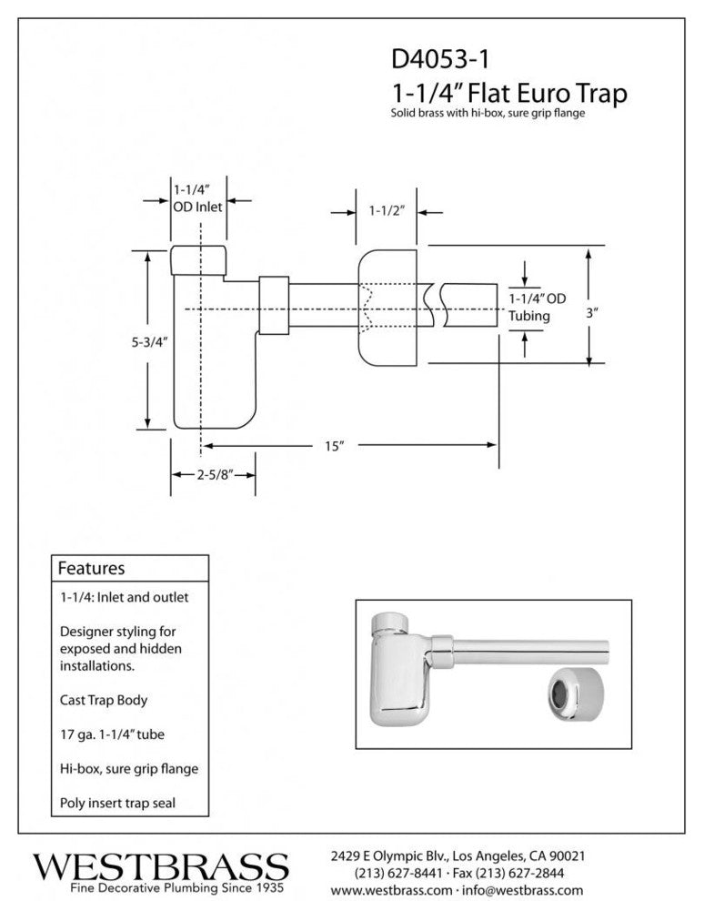 1.25" X 1.25" Flat Euro Trap With High Box Flange In Polished Chrome