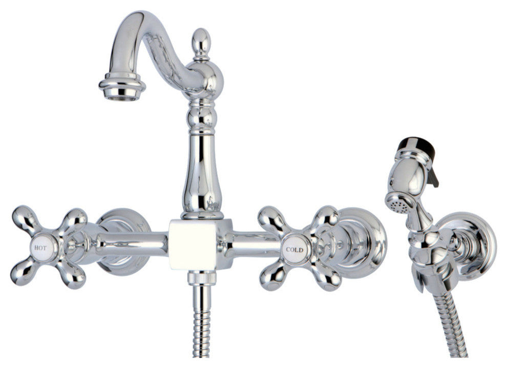 Heritage Wall Mount Bridge Kitchen Faucet, Brass Sprayer, Polished Chrome