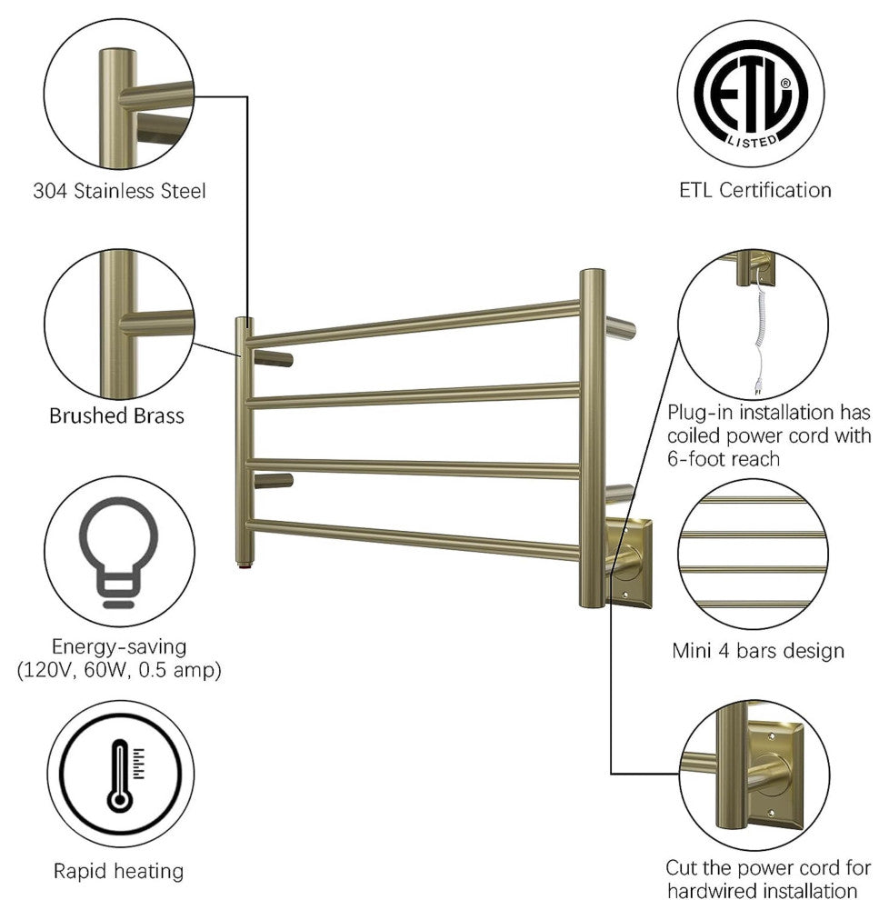HEATGENE 4 Bar Wall-Mounted Plug-in / Hard-wiring Towel Warmer, Brushed Brass