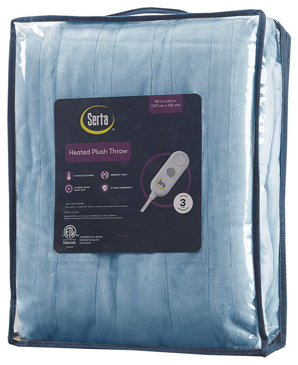 Serta Plush Heated Throw, Light Blue