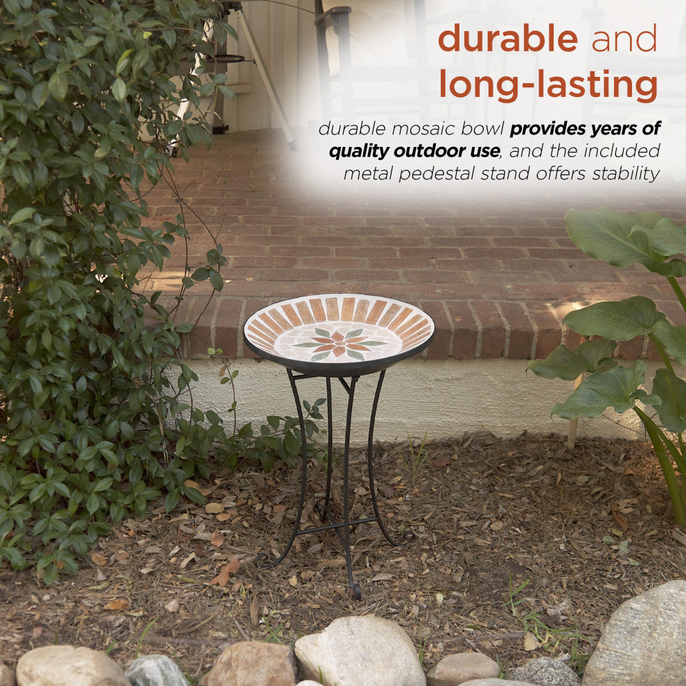 25"H Outdoor Decorative Mosaic Birdbath with Metal Stand, Tan/Beige