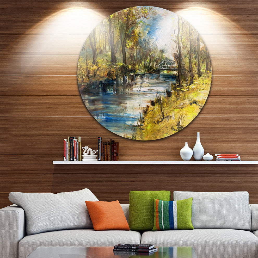 Bridge Over River Oil, Landscape Disc Metal Artwork, 23"