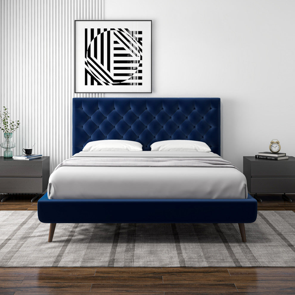 Ashley Midcentury Velvet Tufted Solid Wood Platform Bed, Blue, Queen