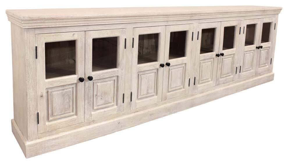Tropez 8-Door Solid Wood Sideboard With Glass Panels, Distressed White Finish