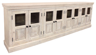 Tropez 8-Door Solid Wood Sideboard With Glass Panels, Distressed White Finish