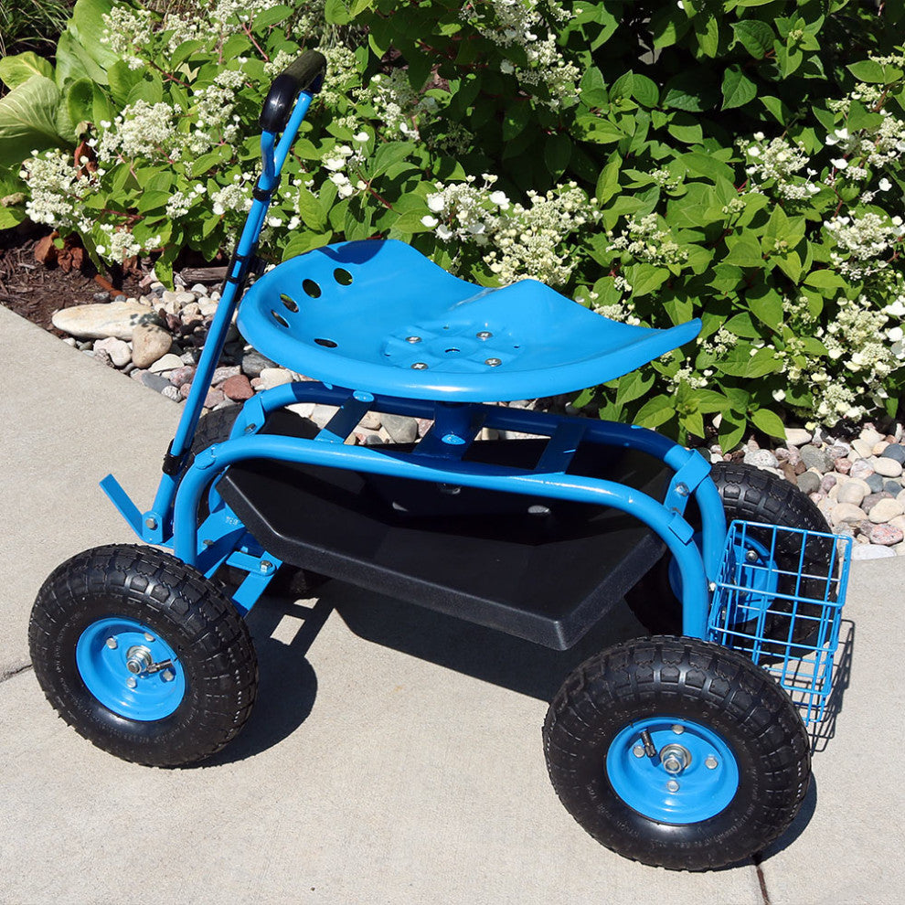 Sunnydaze Rolling Garden Cart With Steering Handle, Seat and Basket, Blue