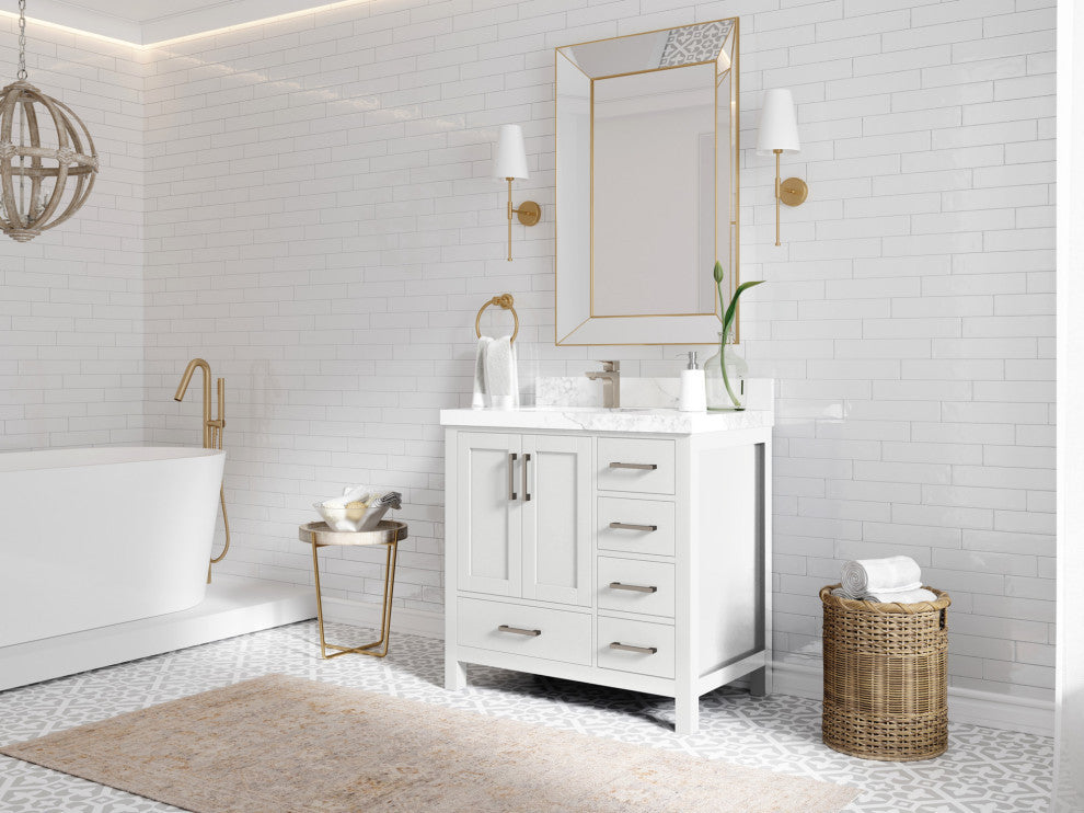 Malibu 36 Left Offset Bath Vanity in White  2" Piatra Gray