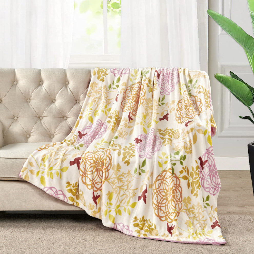Floral Printed Flannel Throw, Begonia