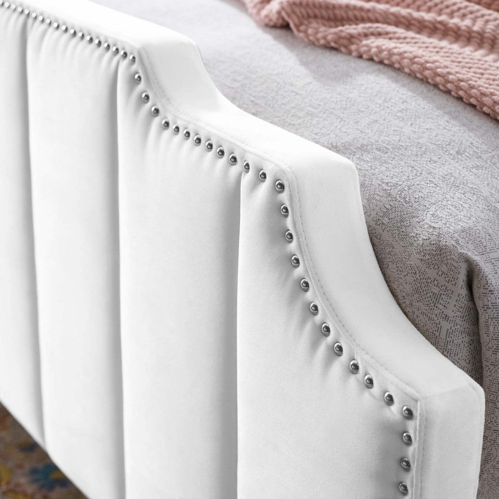 Platform Bed Frame, Queen Size, Velvet, White, Modern Contemporary, Bedroom