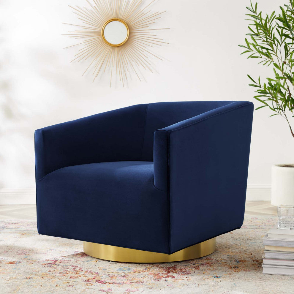 Armchair Accent Swivel Chair, Velvet, Gold Dark Blue, Modern, Lounge Hospitality