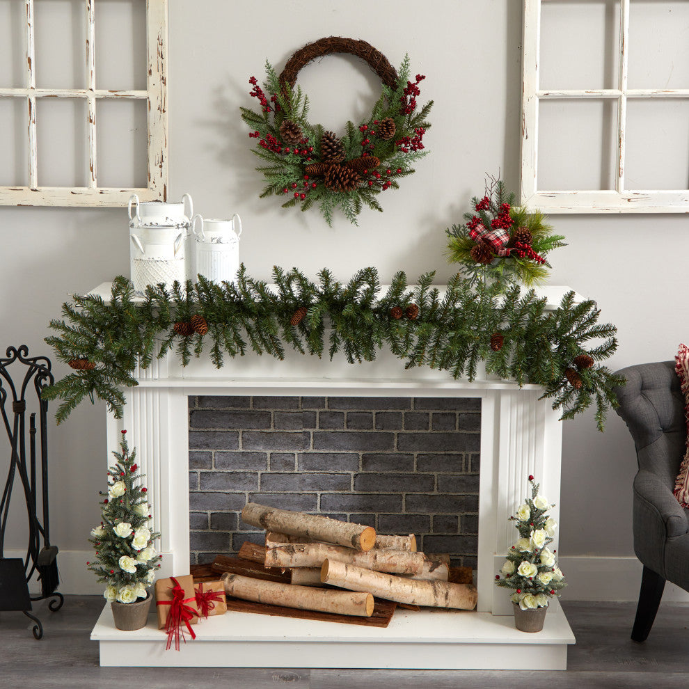 22" Mixed Pine and Cedar With Berries and Pine Cones Artificial Wreath NN4360