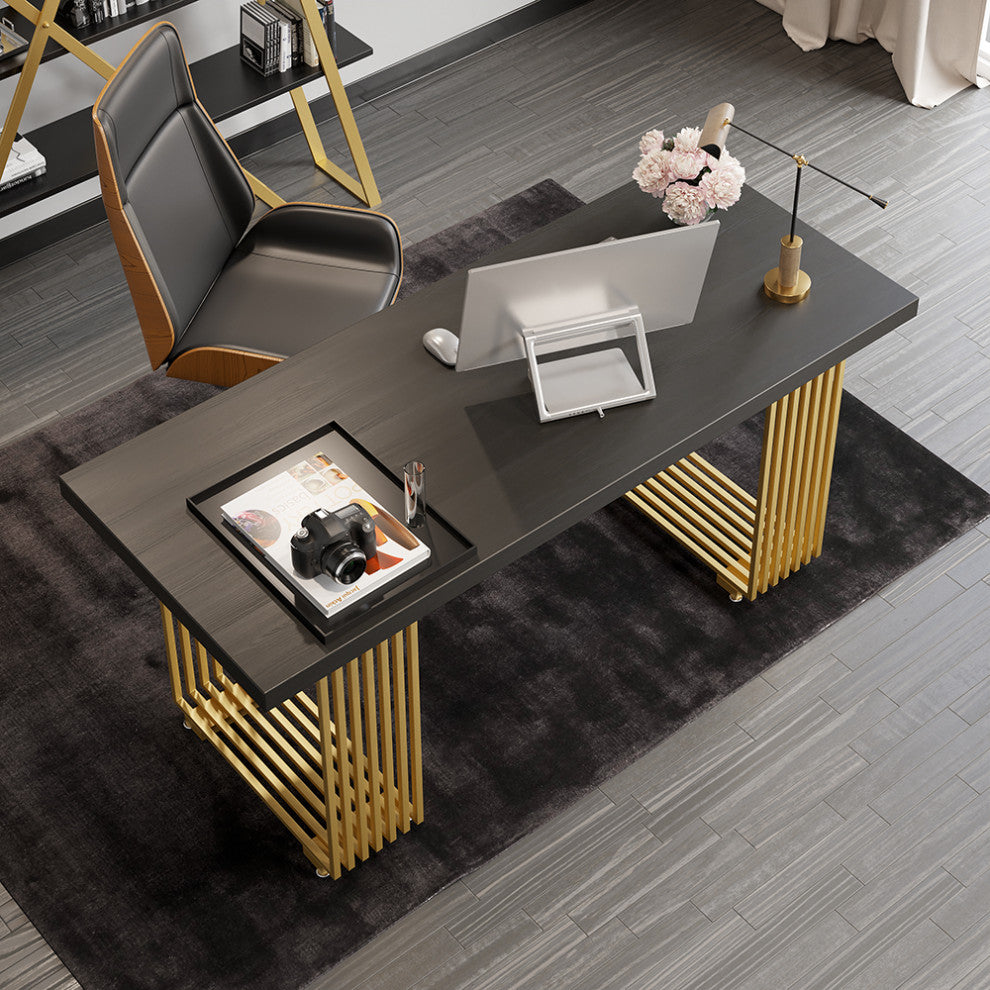 Modern Black Computer Desk Rectangular Desk with Solid Wood Table Top, Small
