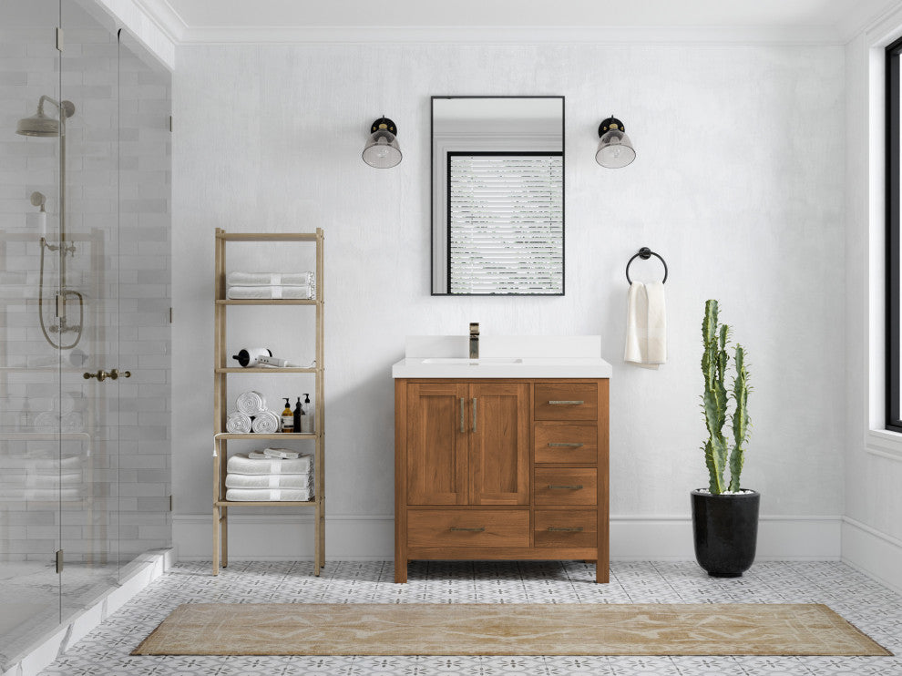 Malibu Teak 36 Left Offset Bath Vanity in Golden Teak 2" White Quartz