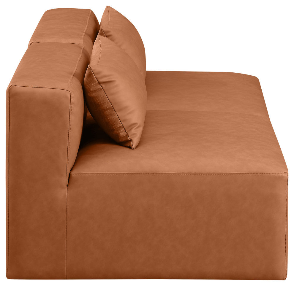 Cube Upholstered Modular Sofa, Cognac, 2-Piece: 2 Armless Chair, Vegan Leather