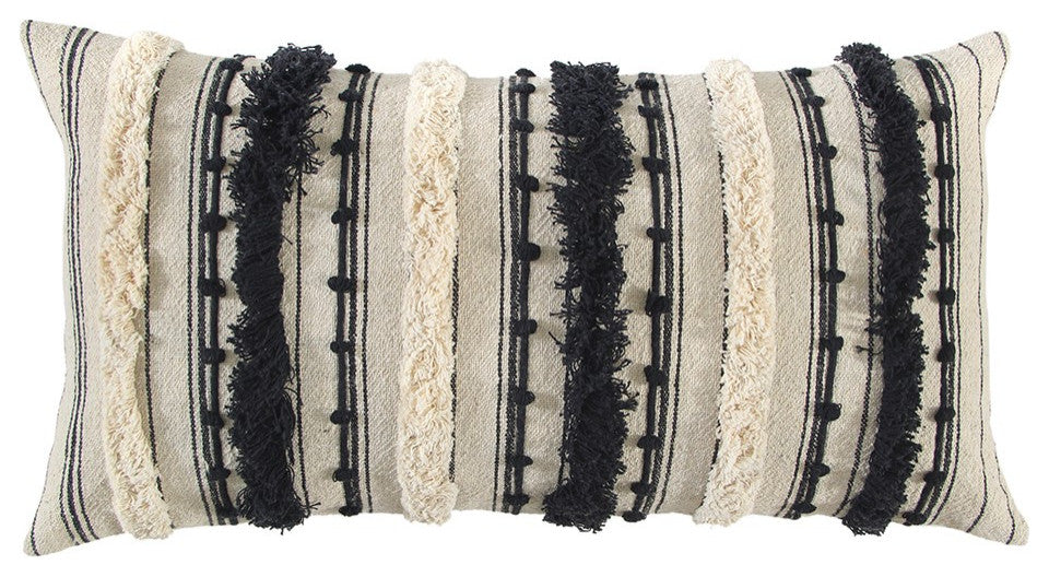 Beige Black Eyelash Fringe Textured Lumbar Pillow