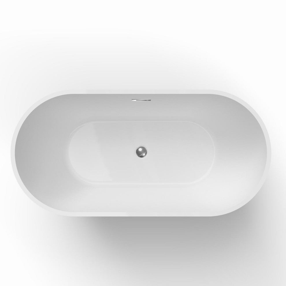 Acrylic Freestanding Bathtub, Oval Glossy White With Drain and Overflow Cover, 59"