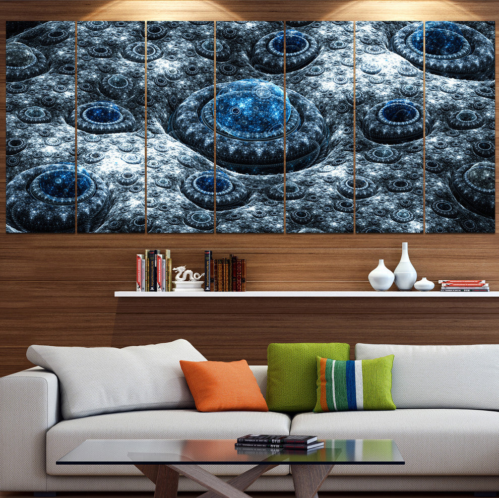 Blue Fractal Exotic Planet, Abstract Canvas Art Print, 83"x32", 7 Panels