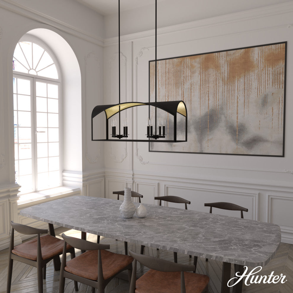 Hunter Dukestown Natural Iron, Gold Leaf 8 Light Linear Chandelier Ceiling